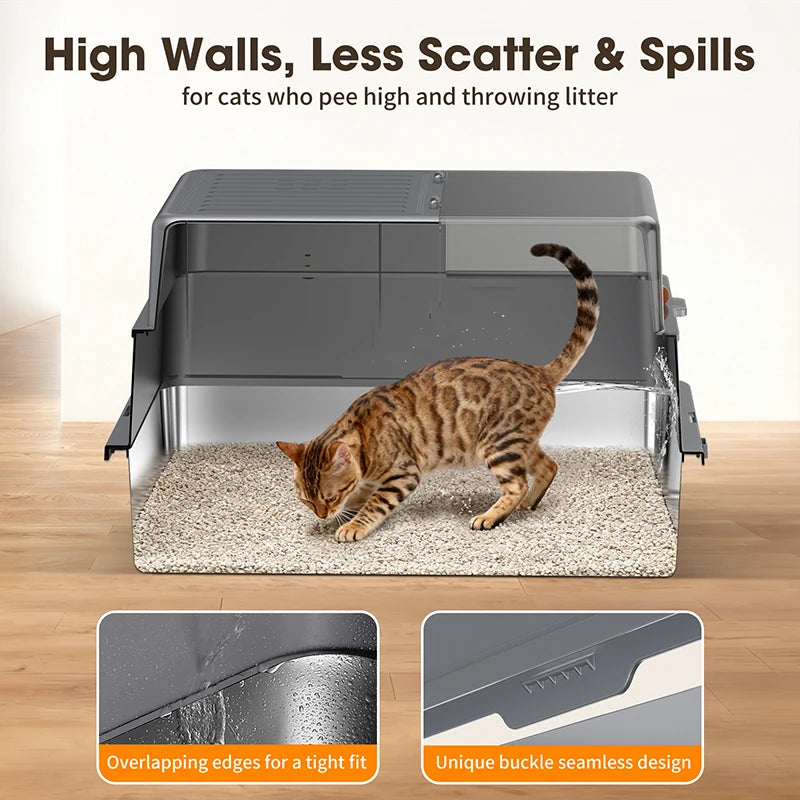 Enclosed Stainless Steel Cat Litter Box with Lid, 28inch Large Cat Litter Boxes, Suitable for Large Cats, Includes Litter Deodorizer, with Scoop and Mat, Leak-Proof 