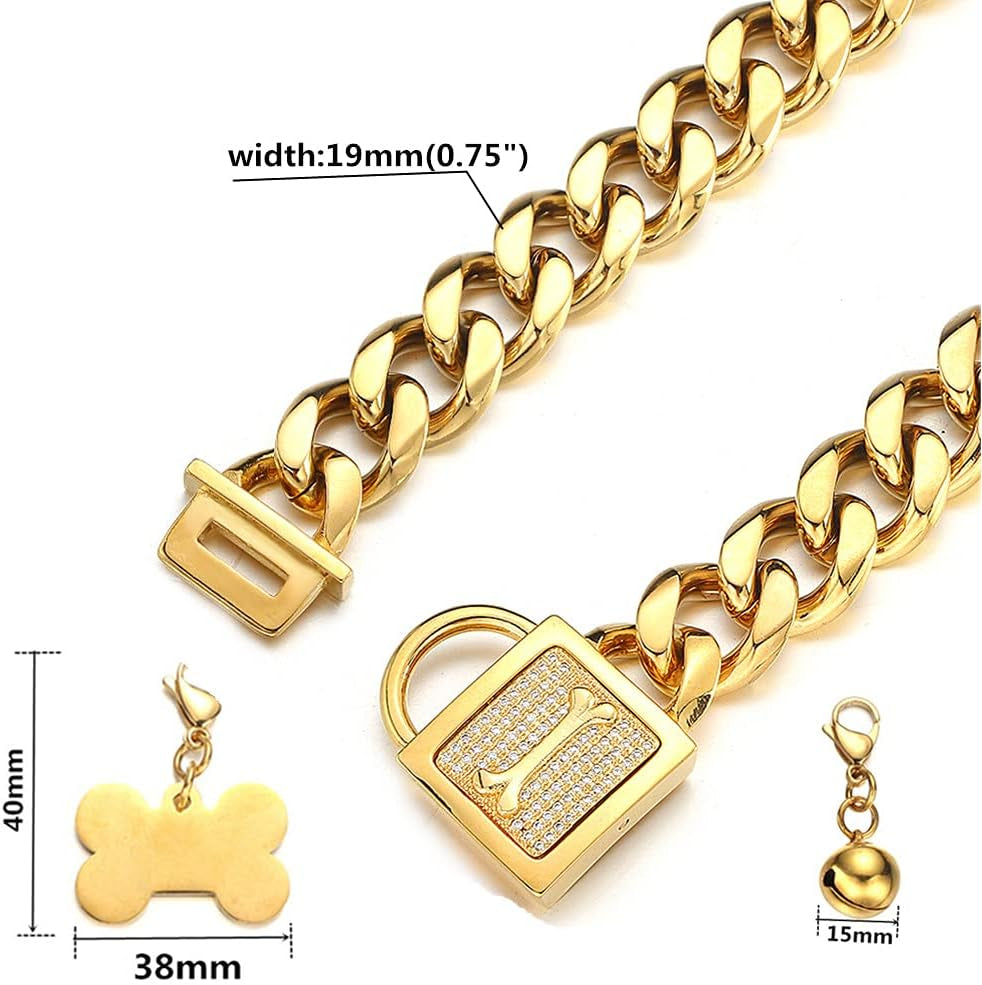 Gold Chain Dog Collar Walking Trainning Chain Collar with CZ Lock ID Tag and Bell Chew Proof 11MM/15MM/19MM Stainless Steel Cuban Link Chain for Small Medium Large Dogs (19Mm, 18Inch)