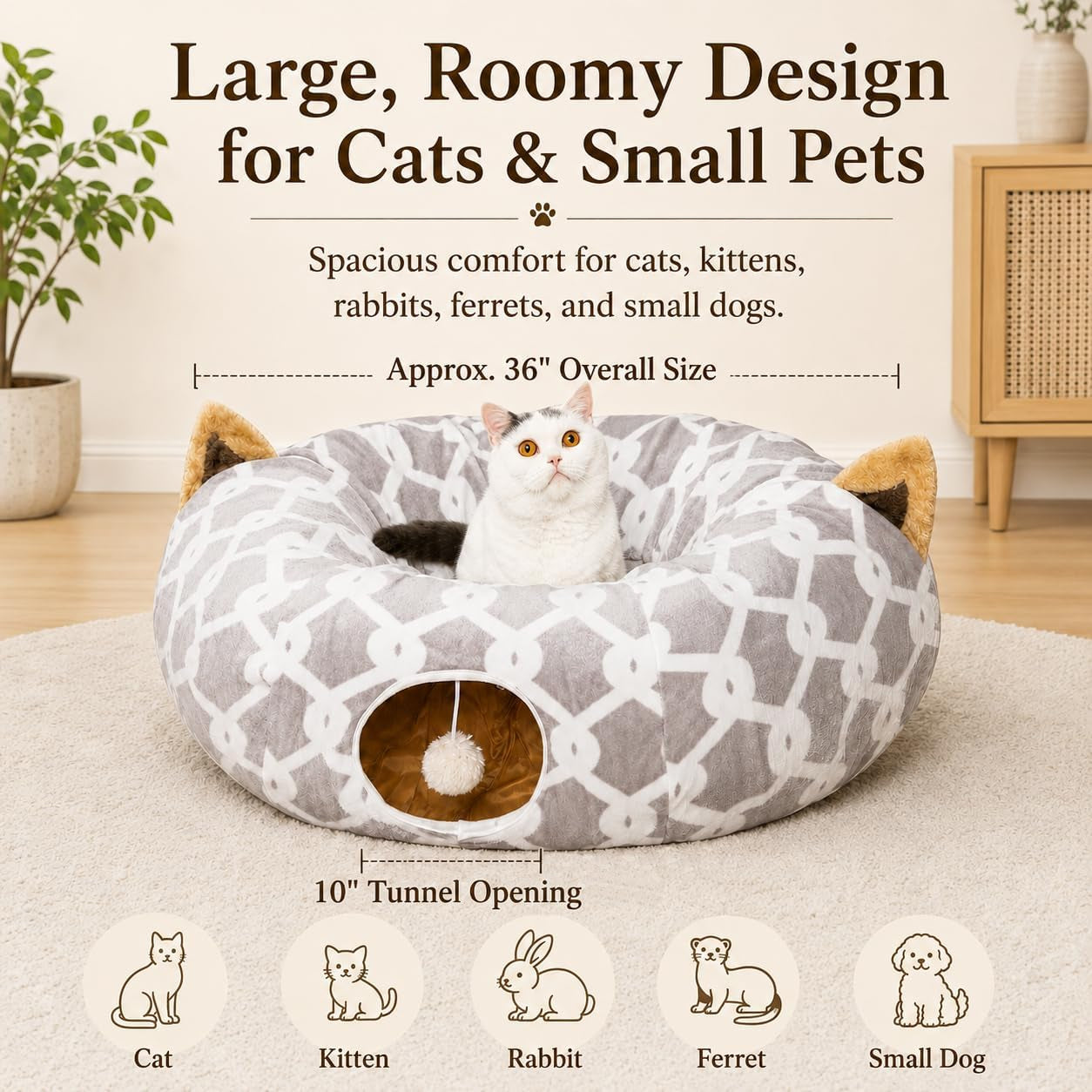 Large Cat Tunnel Bed under Christmas Tree with Fluffy Toy Balls, Small Cushion and Flexible Design- 10 Inch Diameter, 3 Ft Length- Great for Cats, and Small Dogs, Gray Geometric Figure