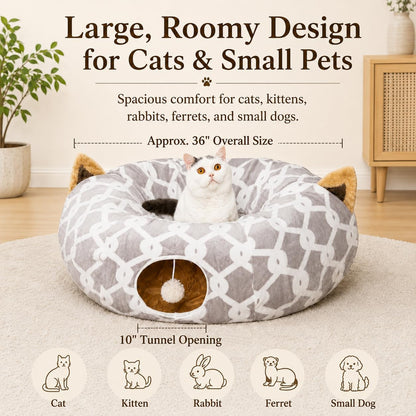 Large Cat Tunnel Bed under Christmas Tree with Fluffy Toy Balls, Small Cushion and Flexible Design- 10 Inch Diameter, 3 Ft Length- Great for Cats, and Small Dogs, Gray Geometric Figure