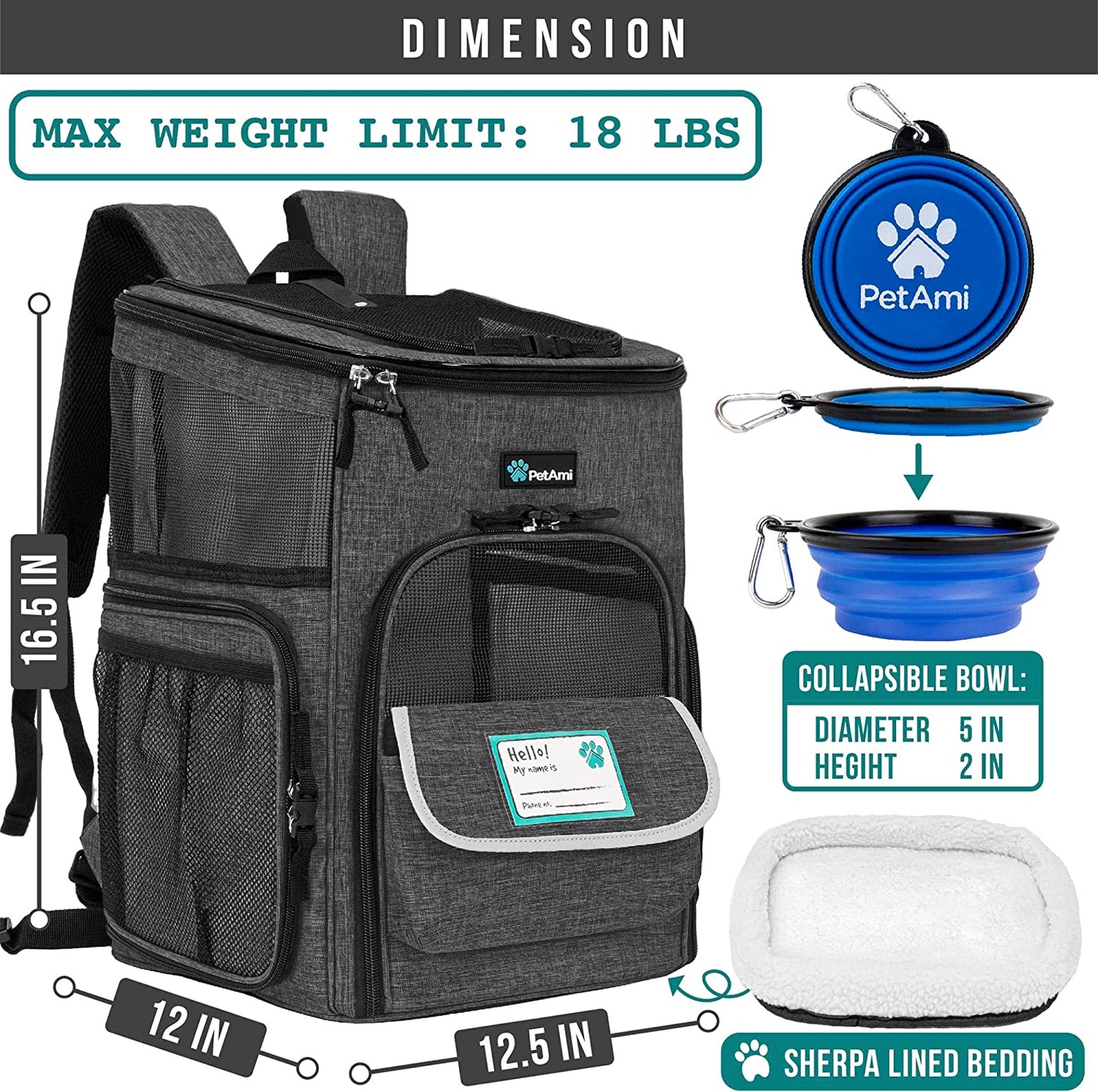 Dog Backpack Carrier, Airline Approved 4-Way Entry Cat Backpack Carrier, Ventilated Mesh, Collapsible Pet Carrier for Small Puppy, Kitten, Hiking, Travel Car, Vet, up to 18 Lbs, Charcoal Gray