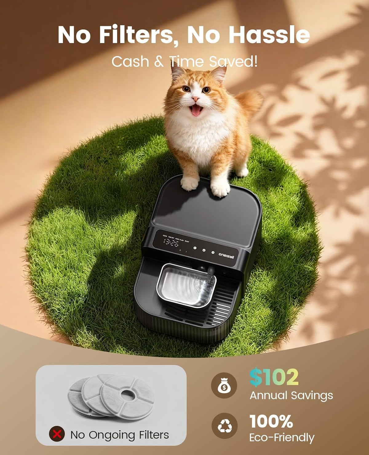 Cat Water Fountain Wireless Filterless 3.5L Stainless Steel Smart Quiet