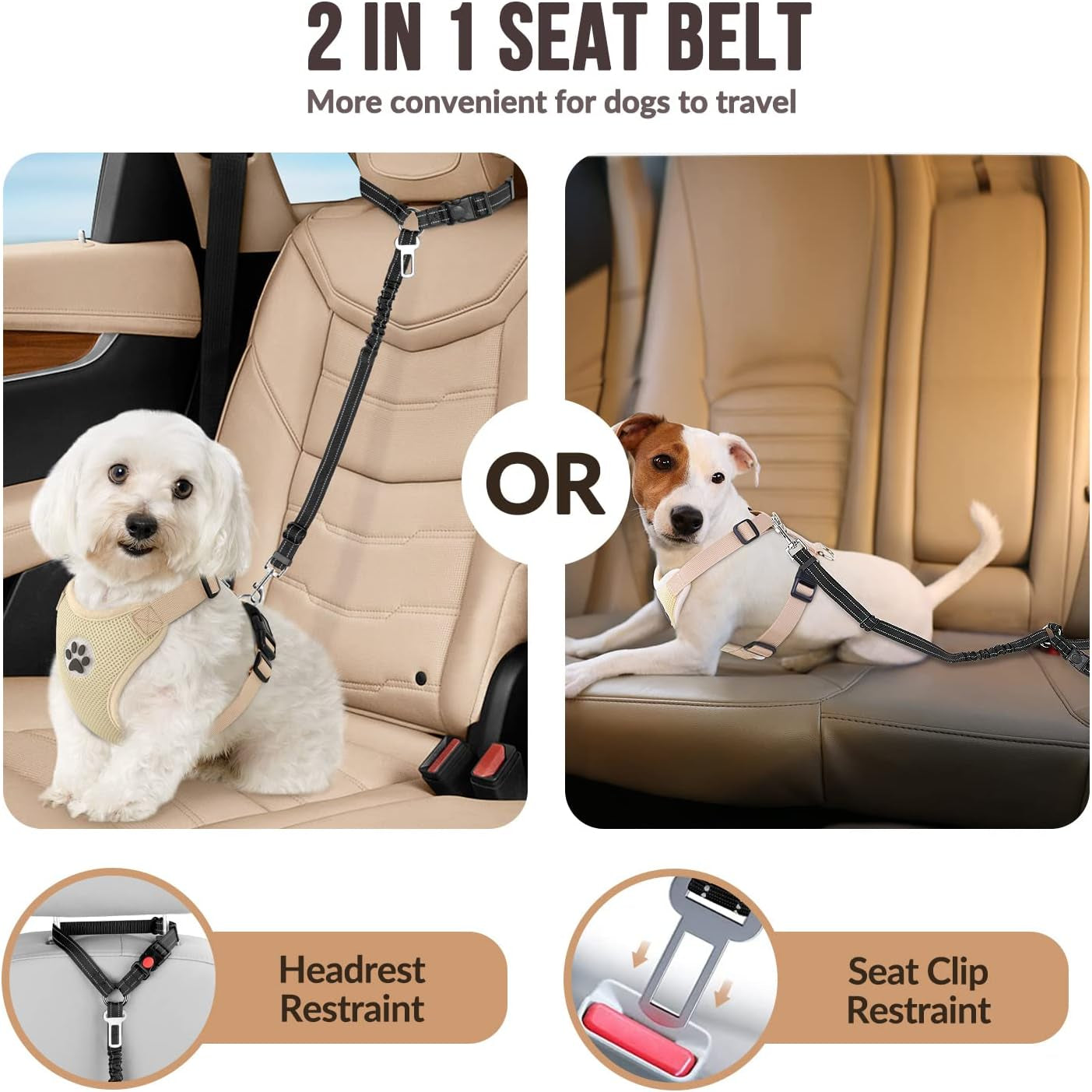 Dog Seat Belt for Car, 2 Pack Dog Car Harness Seatbelt with Bungee | 2 in 1 Pet Car Leash Headrest Restraint & Dog Safety Tether Clip, Adjustable with Elastic Buffer, Reflective, Black S