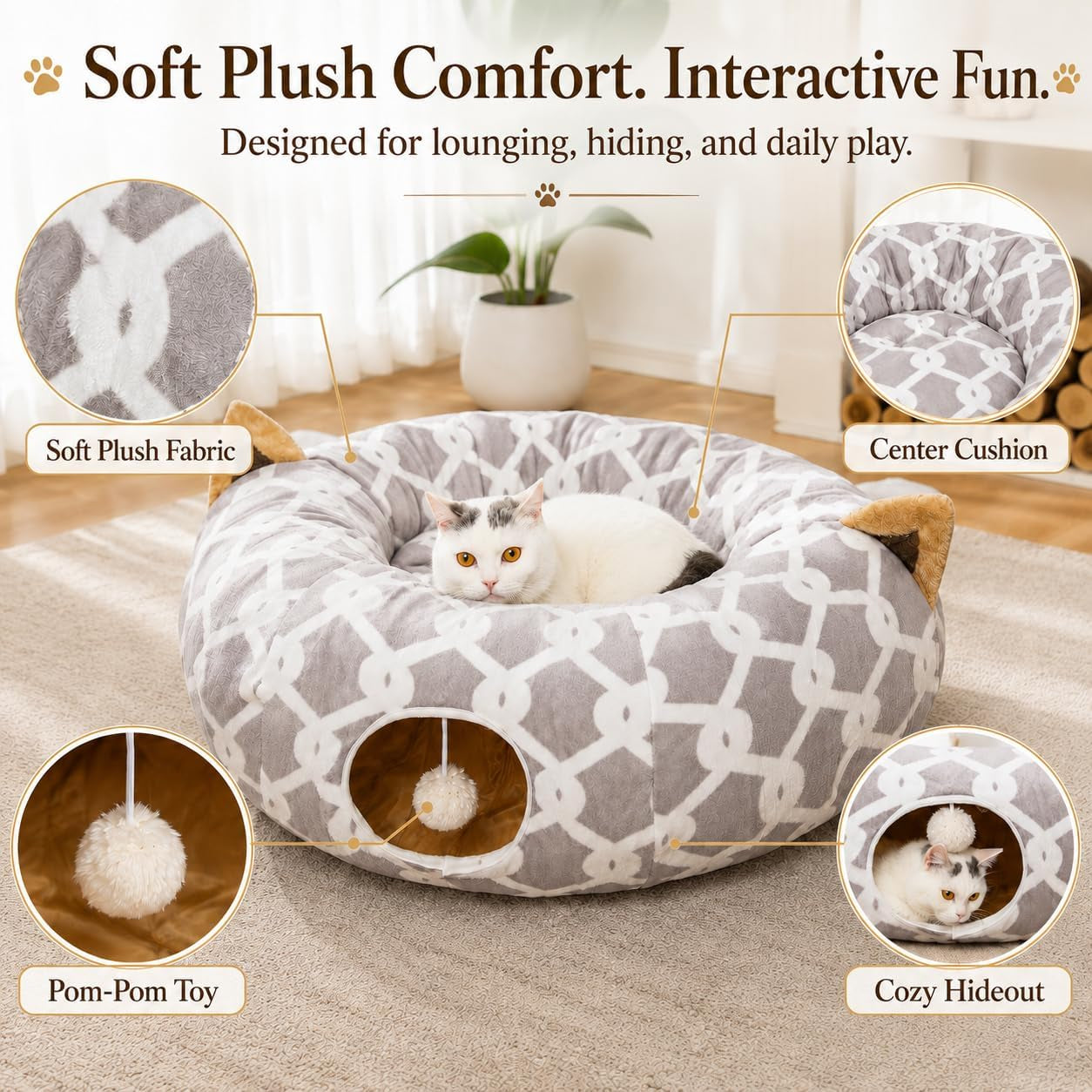 Large Cat Tunnel Bed under Christmas Tree with Fluffy Toy Balls, Small Cushion and Flexible Design- 10 Inch Diameter, 3 Ft Length- Great for Cats, and Small Dogs, Gray Geometric Figure