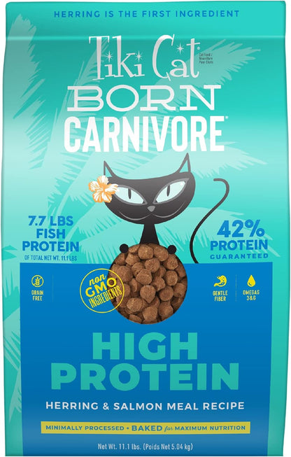 Tiki Cat Born Carnivore Dry Cat Food, Herring & Salmon Meal, 11.1 Lbs. Bag | Dry Cat Food, Baked Kibble to Maximize Nutrients, High Protein, Herring and Salmon Meal, Minimally Processed, 11.1 Lbs. Bag
