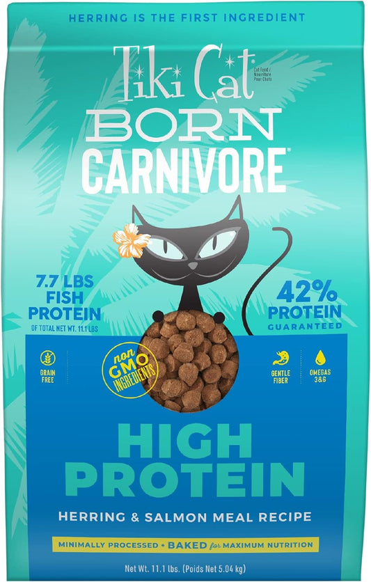 Tiki Cat Born Carnivore Dry Cat Food, Herring & Salmon Meal, 11.1 Lbs. Bag | Dry Cat Food, Baked Kibble to Maximize Nutrients, High Protein, Herring and Salmon Meal, Minimally Processed, 11.1 Lbs. Bag
