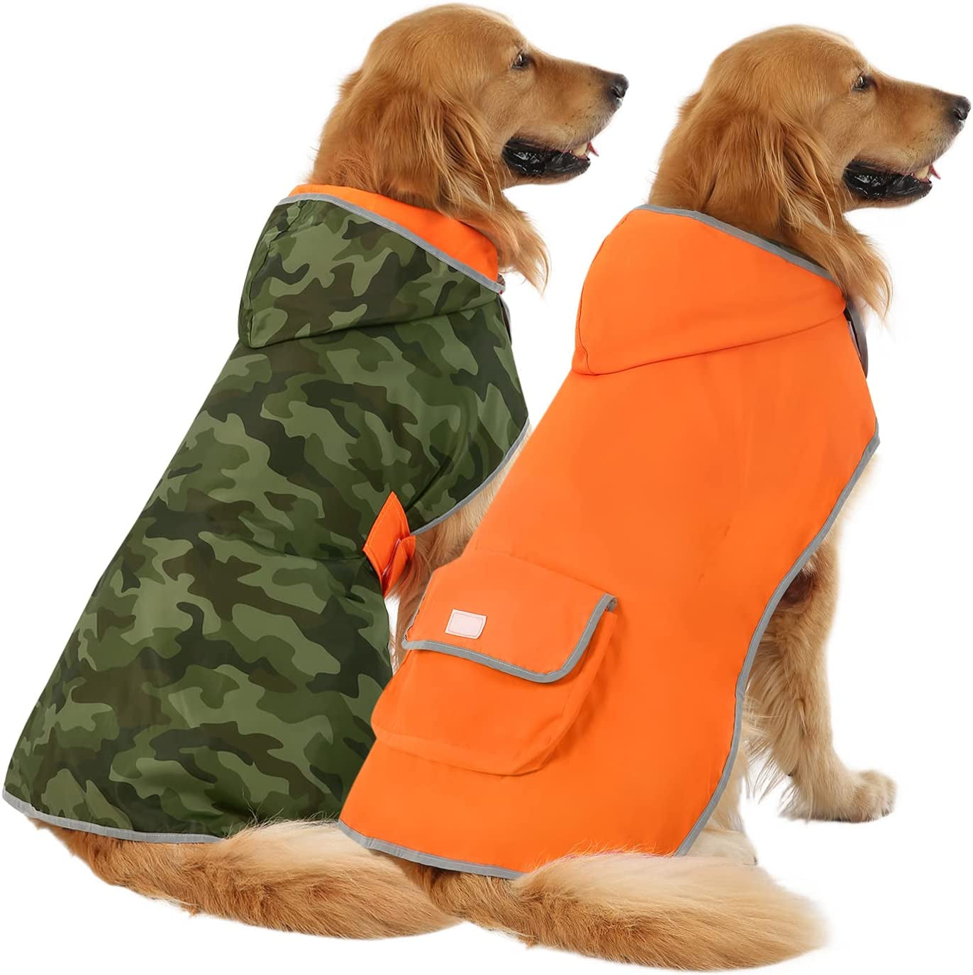 2-In-1 Reversible Dog Raincoat Hooded Poncho Rain Jacket Org Camo L | Double Sided, Built-In Leash Hole, Reflective Safety Strips, Folds into Storage Pouch, for Small to Extra Large Dog Breeds