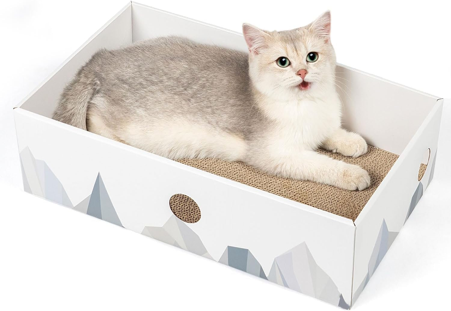 Cat Scratcher Box with Heavy-Duty Double-Sided Cardboard Pad, Cardboard Lounger, Interactive Hole Design, Cat Bed for Indoor Cats, White, Large