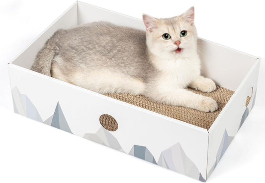 Cat Scratcher Box with Heavy-Duty Double-Sided Cardboard Pad, Cardboard Lounger, Interactive Hole Design, Cat Bed for Indoor Cats, White, Large