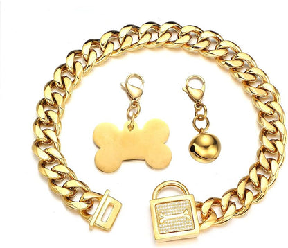 Gold Chain Dog Collar Walking Trainning Chain Collar with CZ Lock ID Tag and Bell Chew Proof 11MM/15MM/19MM Stainless Steel Cuban Link Chain for Small Medium Large Dogs (19Mm, 18Inch)