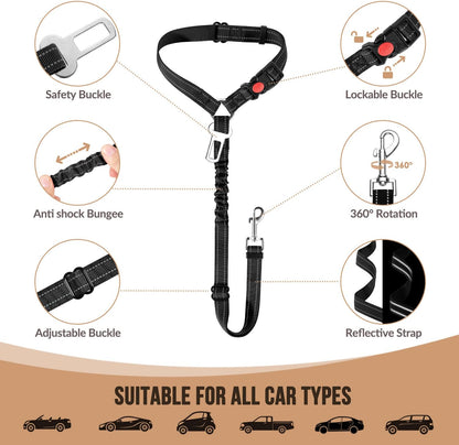 Dog Seat Belt for Car, 2 Pack Dog Car Harness Seatbelt with Bungee | 2 in 1 Pet Car Leash Headrest Restraint & Dog Safety Tether Clip, Adjustable with Elastic Buffer, Reflective, Black S