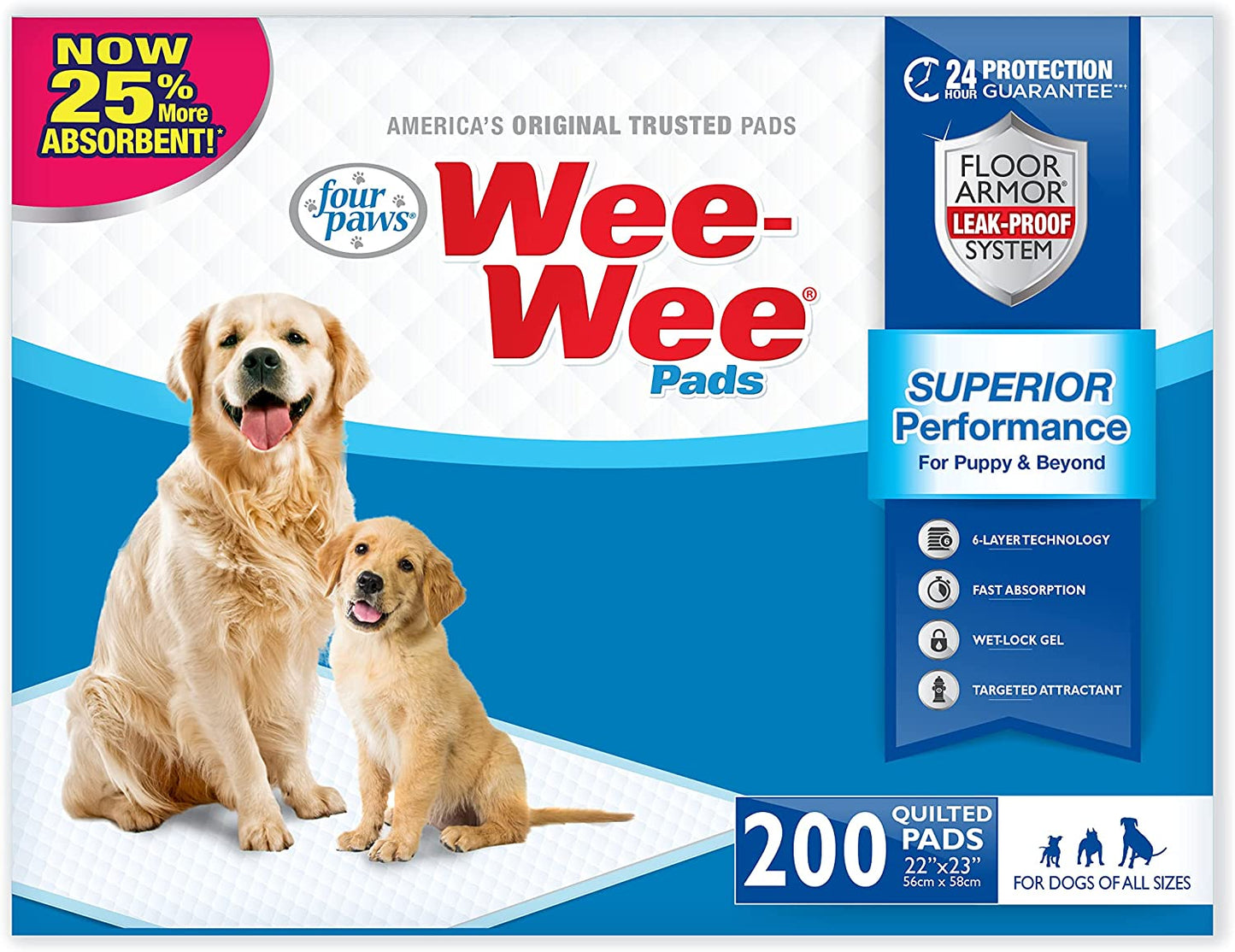 Wee-Wee Superior Performance Dog Pee Pads, 200 Count | Quilted Leak-Proof Puppy Pads, Dog Housebreaking & Potty Training, 24-Hour Floor Protection, Pet Supplies, 22" X 23"