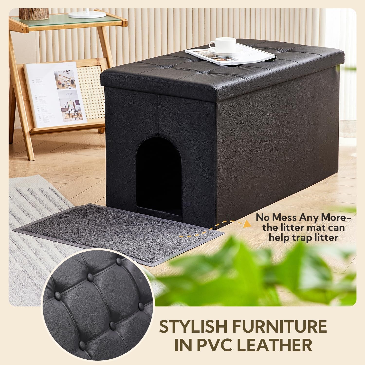 Cat Litter Box Enclosure Furniture Odor Control, Extra Large | XXL Hidden Cat Litter Box Bench Ottoman, Storage Cabinet Dog Proof, Waterproof Inside, Easy Clean, Easy Assembly, Black