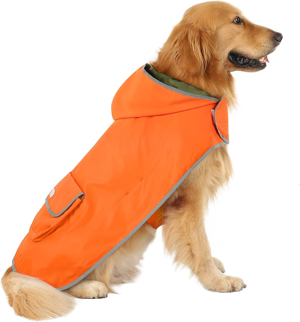 2-In-1 Reversible Dog Raincoat Hooded Poncho Rain Jacket Org Camo L | Double Sided, Built-In Leash Hole, Reflective Safety Strips, Folds into Storage Pouch, for Small to Extra Large Dog Breeds