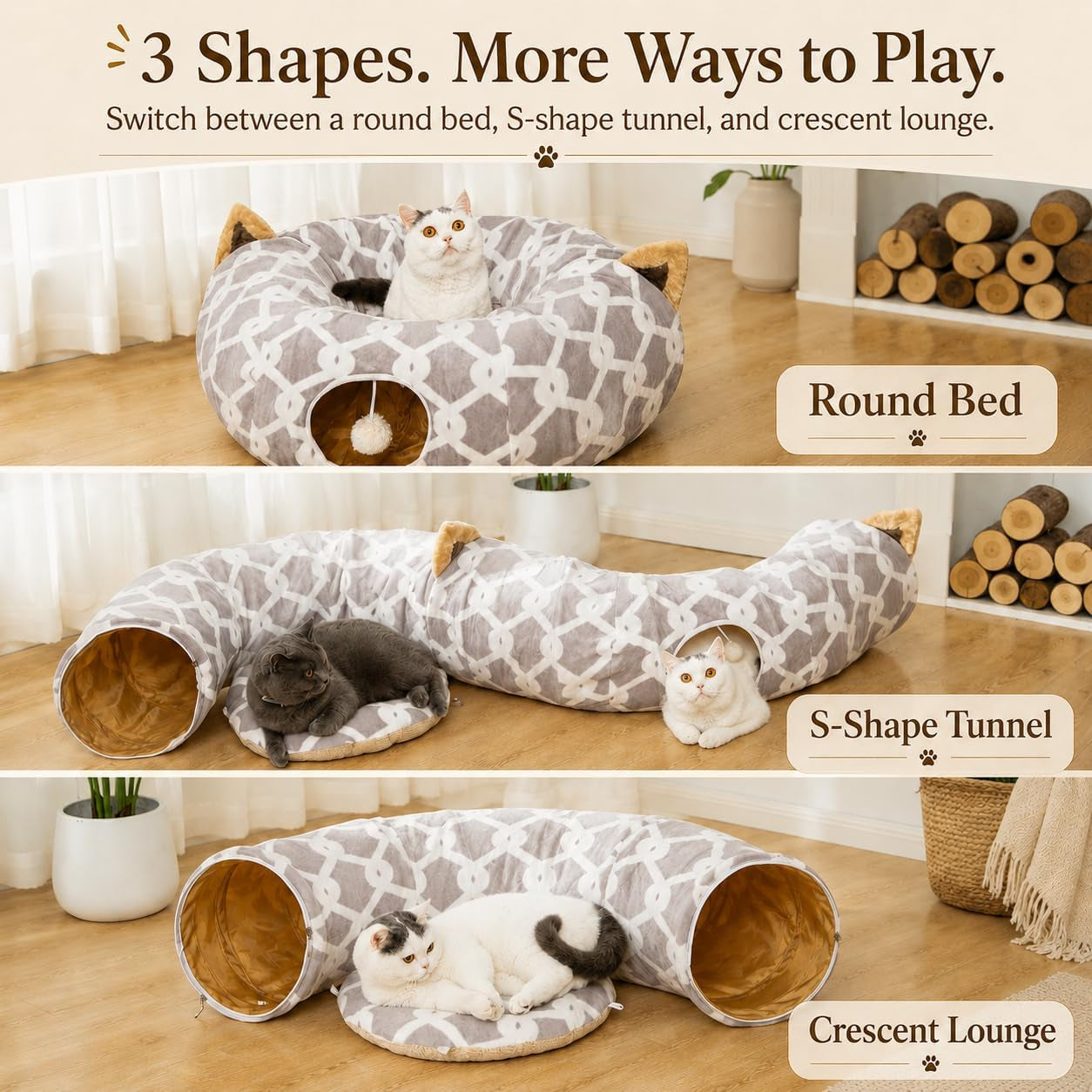 Large Cat Tunnel Bed under Christmas Tree with Fluffy Toy Balls, Small Cushion and Flexible Design- 10 Inch Diameter, 3 Ft Length- Great for Cats, and Small Dogs, Gray Geometric Figure