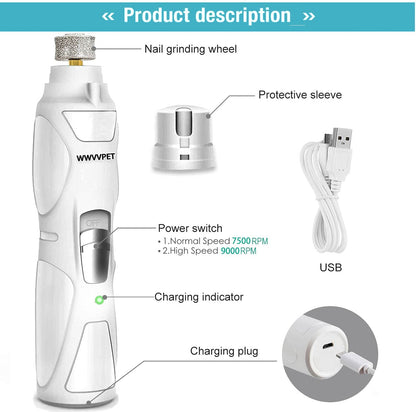 Pet Nail Grinder with LED Light & 2 Grinding Heads, 2-Speed Low Noise | More Powerful Dog Nail Grinder, Pet Nail Trimmer File, Painless Paw Claw Care, Quiet Toenail Grooming Tool for L/M/S Dog Cat