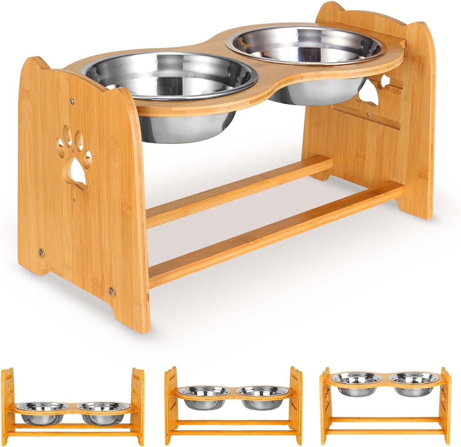 Elevated Dog Bowls for Cats and Dogs, Adjustable Bamboo Raised Dog Bowls for Large Dog, Food and Water Stand Feeder with 2 Stainless Steel Bowls anti Slip Feet (Height 5.1" to 7.5" to 10")…