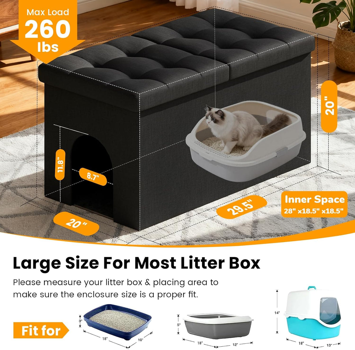 X-Large 3-in-1 Cat Litter Box Enclosure Furniture - Stylish Black Design