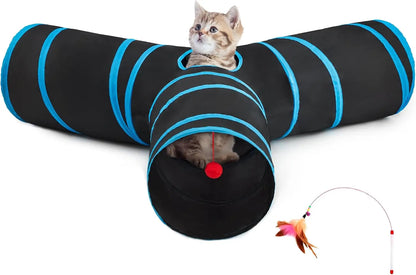 3-Way Collapsible Tunnel Cat Toy with Ball & Peek Hole for Indoor Cats & Kittens