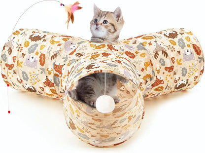 3-Way Collapsible Tunnel Cat Toy with Ball & Peek Hole for Indoor Cats & Kittens