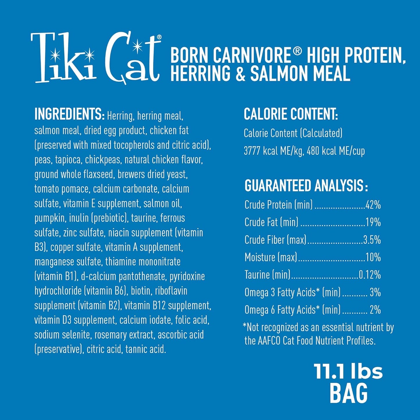 Tiki Cat Born Carnivore Dry Cat Food, Herring & Salmon Meal, 11.1 Lbs. Bag | Dry Cat Food, Baked Kibble to Maximize Nutrients, High Protein, Herring and Salmon Meal, Minimally Processed, 11.1 Lbs. Bag