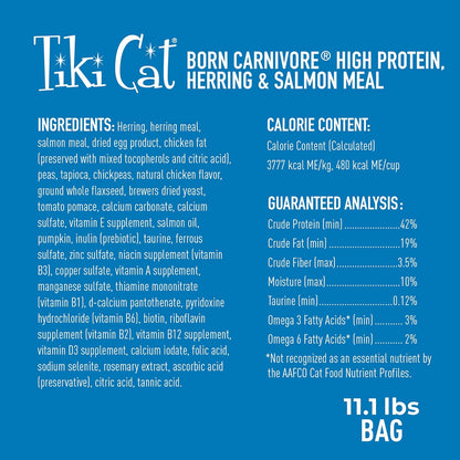 Tiki Cat Born Carnivore Dry Cat Food, Herring & Salmon Meal, 11.1 Lbs. Bag | Dry Cat Food, Baked Kibble to Maximize Nutrients, High Protein, Herring and Salmon Meal, Minimally Processed, 11.1 Lbs. Bag