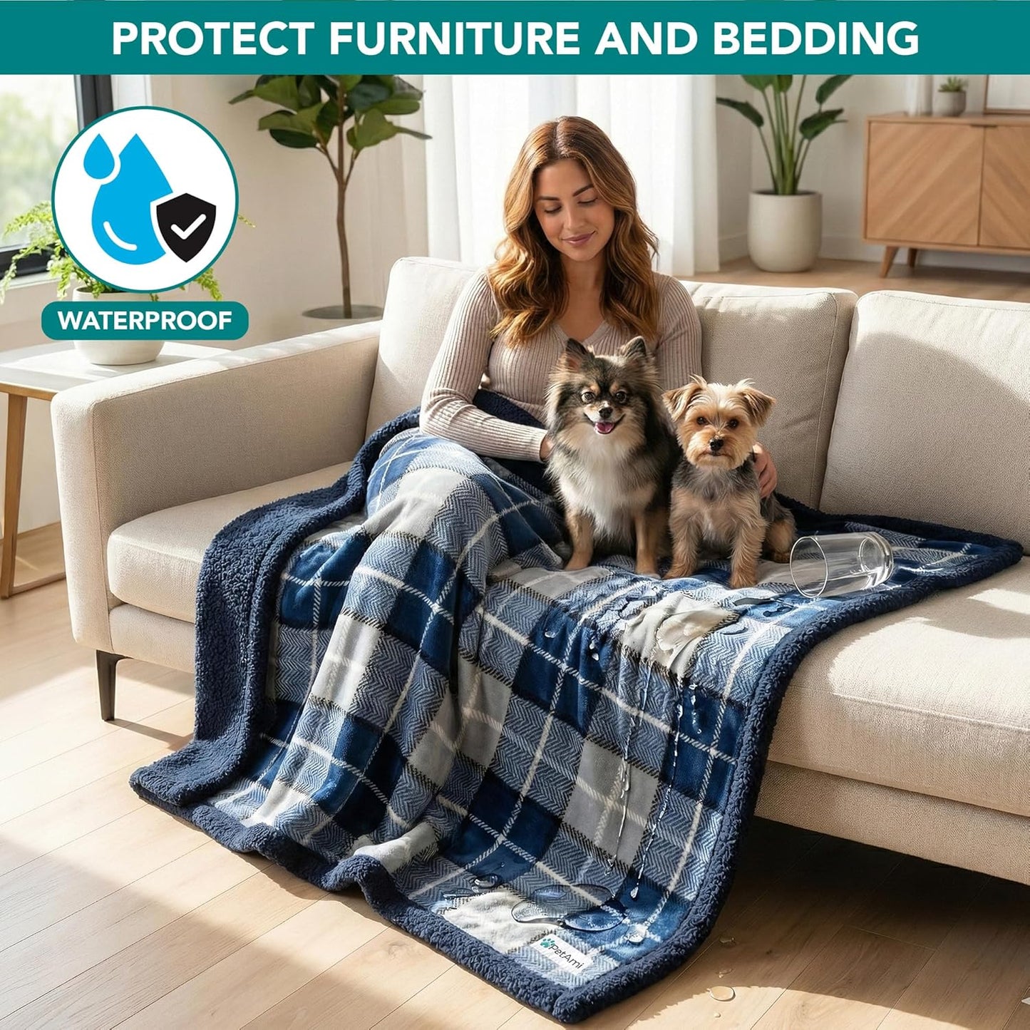 Waterproof Dog Blanket for Small Puppy Cat, 29X40, Plaid Light Grey | 460 GSM Sherpa Fleece Reversible, Pee Proof Pet Blanket, Furniture Protector Cover for Couch Sofa Kennel Crate, Washable