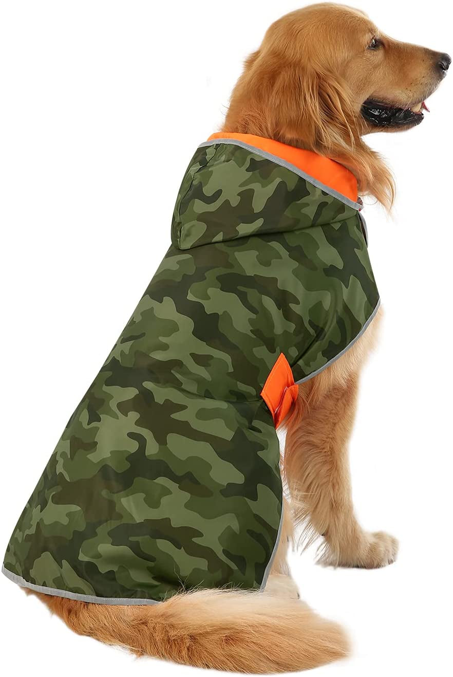 2-In-1 Reversible Dog Raincoat Hooded Poncho Rain Jacket Org Camo L | Double Sided, Built-In Leash Hole, Reflective Safety Strips, Folds into Storage Pouch, for Small to Extra Large Dog Breeds