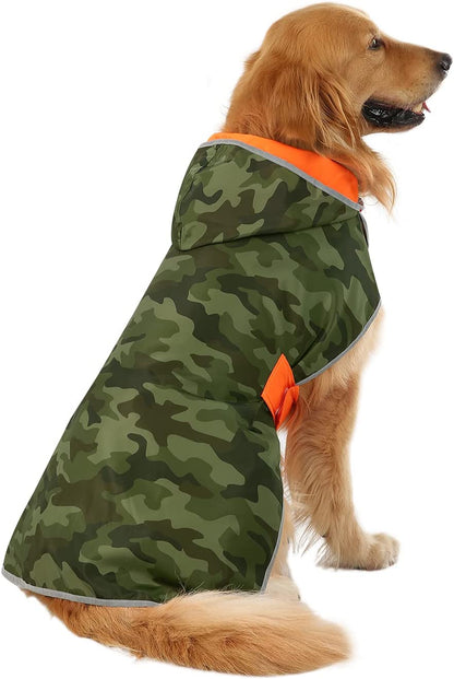 2-In-1 Reversible Dog Raincoat Hooded Poncho Rain Jacket Org Camo L | Double Sided, Built-In Leash Hole, Reflective Safety Strips, Folds into Storage Pouch, for Small to Extra Large Dog Breeds