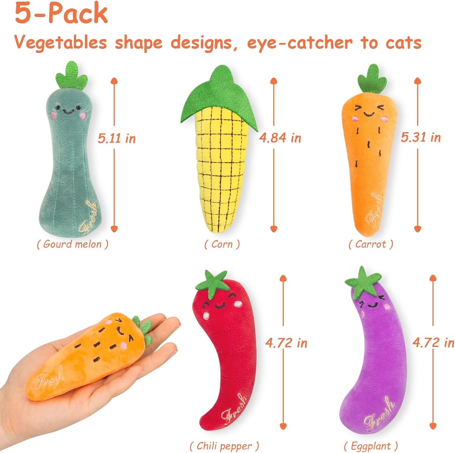 Catnip Cat Toys for Indoor Cats Kitten, 5 Pack, Vegetable Shape | Cat Nip Toys Soft and Durable, Interactive Kitty Kicker Chew Safe Teeth Cleaning Toy