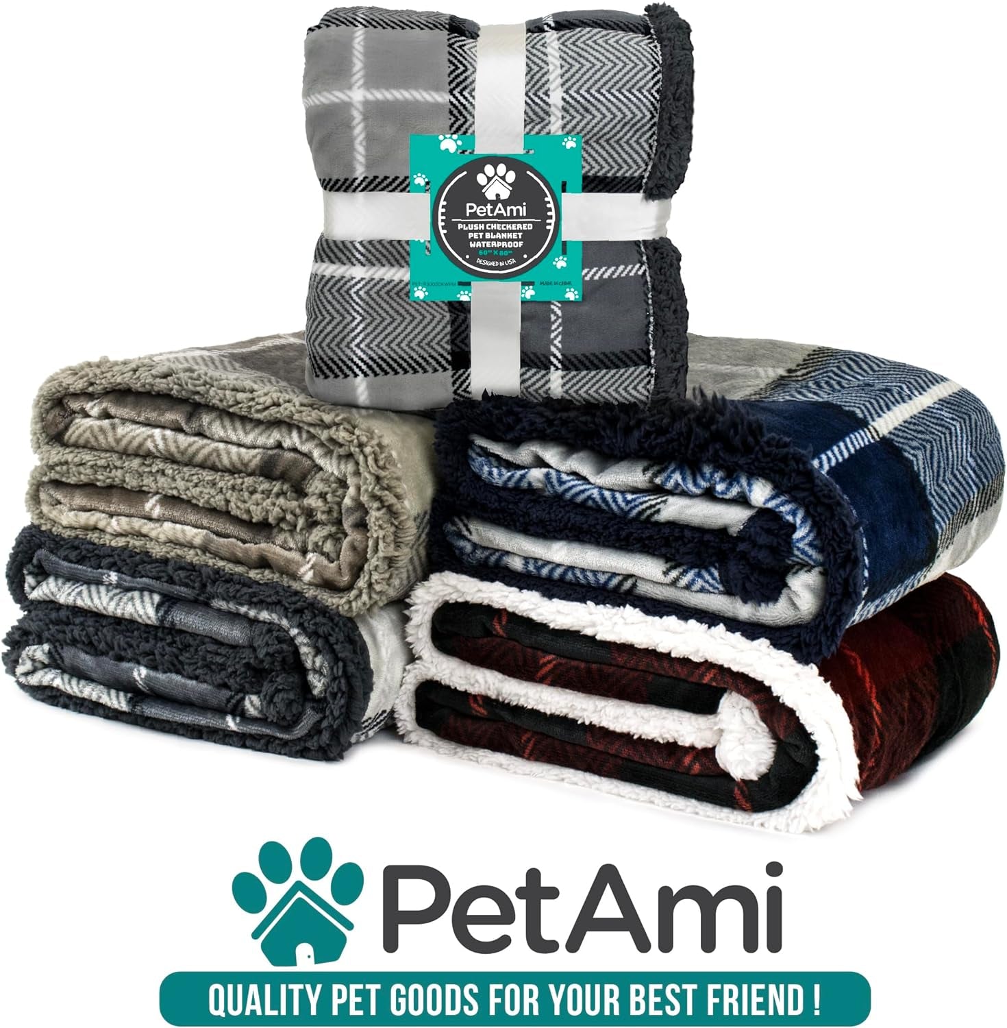 Waterproof Dog Blanket for Small Puppy Cat, 29X40, Plaid Light Grey | 460 GSM Sherpa Fleece Reversible, Pee Proof Pet Blanket, Furniture Protector Cover for Couch Sofa Kennel Crate, Washable