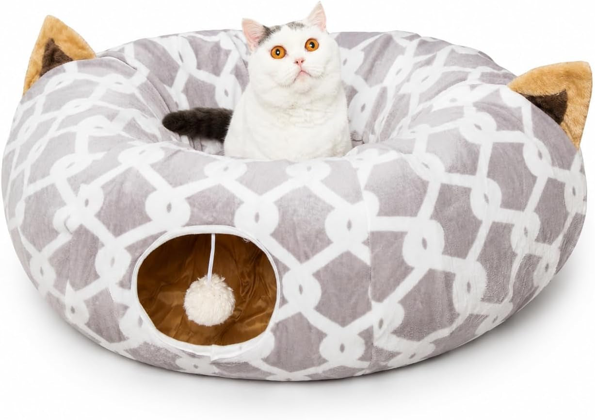 Large Cat Tunnel Bed under Christmas Tree with Fluffy Toy Balls, Small Cushion and Flexible Design- 10 Inch Diameter, 3 Ft Length- Great for Cats, and Small Dogs, Gray Geometric Figure