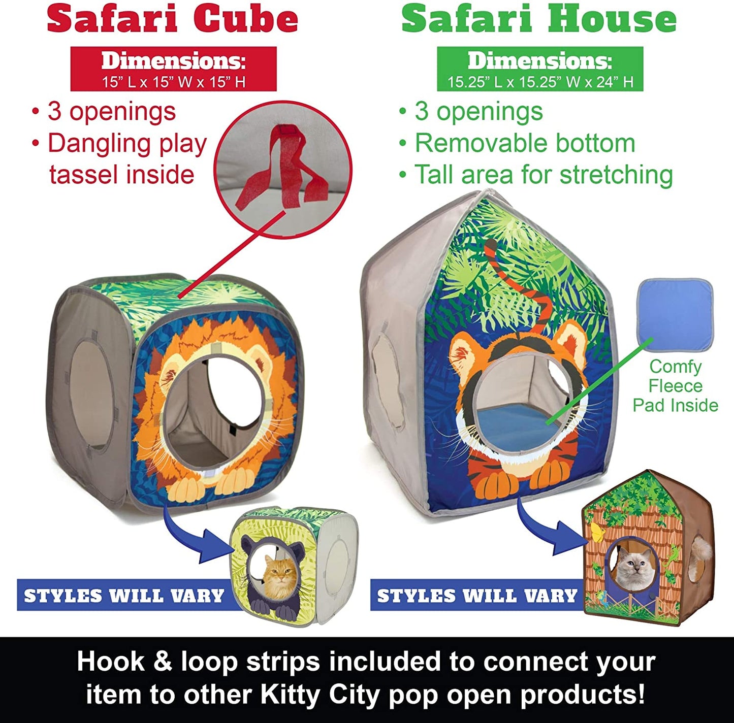 Safari Jungle Pop-Up Cat Cube, Collapsible Indoor Cat Hideout & Play Cube with Peekaboo Openings, Easy Storage, 15” X 15” X 15”