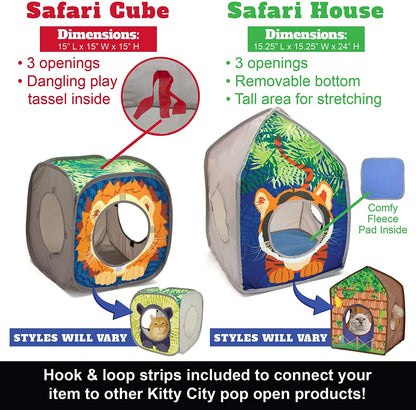 Safari Jungle Pop-Up Cat Cube, Collapsible Indoor Cat Hideout & Play Cube with Peekaboo Openings, Easy Storage, 15” X 15” X 15”
