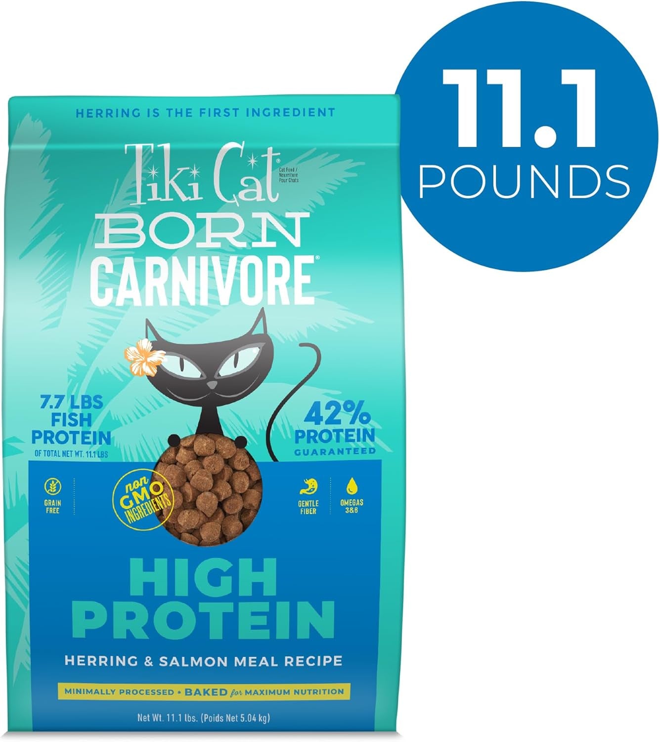 Tiki Cat Born Carnivore Dry Cat Food, Herring & Salmon Meal, 11.1 Lbs. Bag | Dry Cat Food, Baked Kibble to Maximize Nutrients, High Protein, Herring and Salmon Meal, Minimally Processed, 11.1 Lbs. Bag