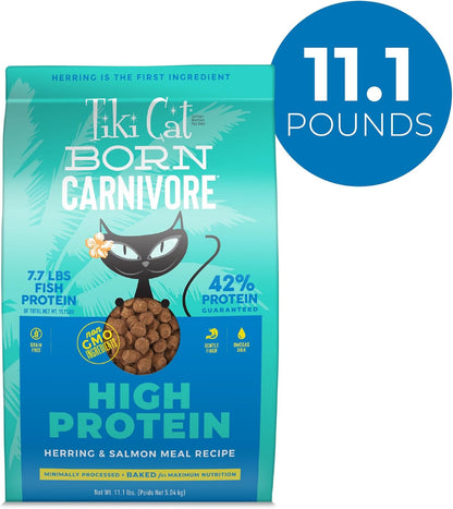 Tiki Cat Born Carnivore Dry Cat Food, Herring & Salmon Meal, 11.1 Lbs. Bag | Dry Cat Food, Baked Kibble to Maximize Nutrients, High Protein, Herring and Salmon Meal, Minimally Processed, 11.1 Lbs. Bag