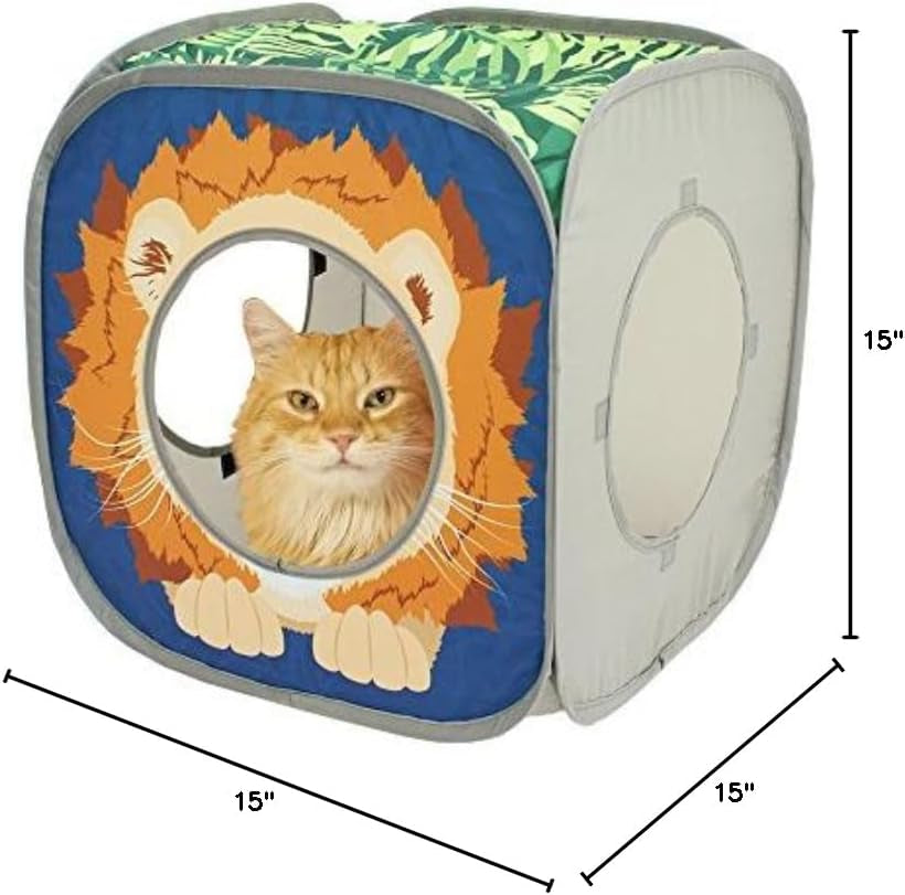 Safari Jungle Pop-Up Cat Cube, Collapsible Indoor Cat Hideout & Play Cube with Peekaboo Openings, Easy Storage, 15” X 15” X 15”