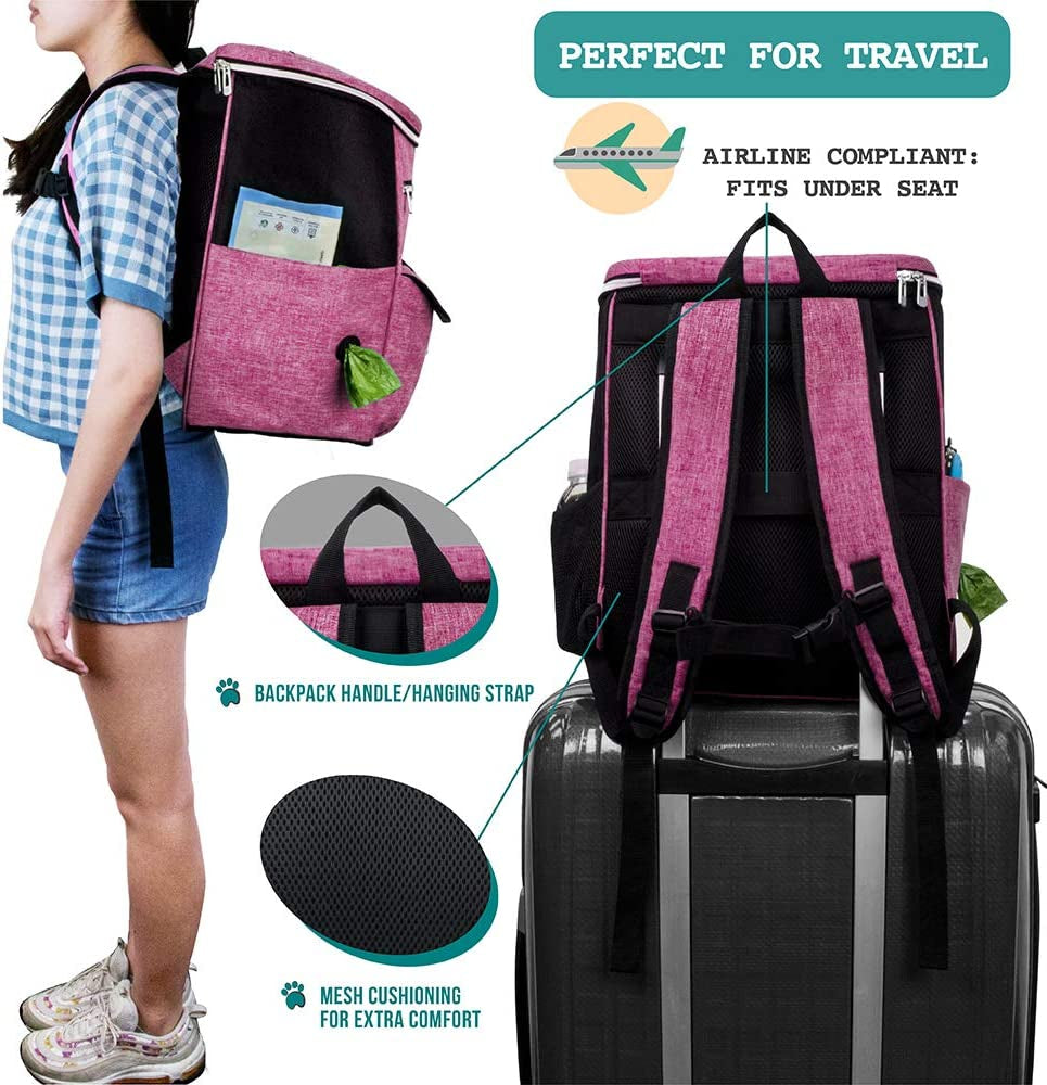 Dog Travel Backpack 27L Airline Approved Pet Supplies Bag, Pink | Cat Traveling Suitcase Organizer for Weekend Road Trip Camping; 2 Food Containers, 2 Collapsible Bowls & Poop Bag Dispenser