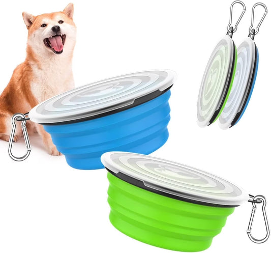 Collapsible Dog Bowls 2 Pack, Silicone Feeding Watering Bowls with Lids & Carabiners for Dogs Cats, Portable Water Feeder Food Bowl for Walking Traveling Home Use, 1000Ml, Blue + Green