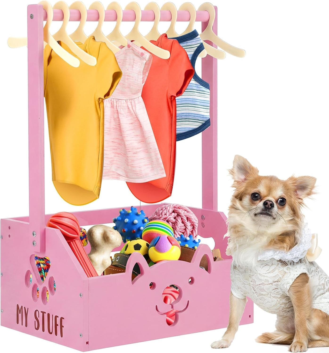 Dog Storage Organizer Wooden Closet Toy Bin Clothes Rack Hangers Pink/White