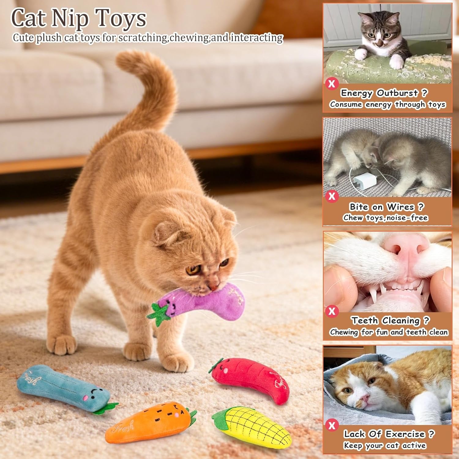 Catnip Cat Toys for Indoor Cats Kitten, 5 Pack, Vegetable Shape | Cat Nip Toys Soft and Durable, Interactive Kitty Kicker Chew Safe Teeth Cleaning Toy