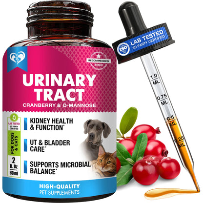 Urinary Tract Support - Cranberry & D-Mannose Liquid Drops for Dogs & Cats , Kidney & Bladder Health Support for All Breeds