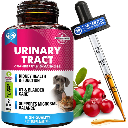 Urinary Tract Support - Cranberry & D-Mannose Liquid Drops for Dogs & Cats , Kidney & Bladder Health Support for All Breeds