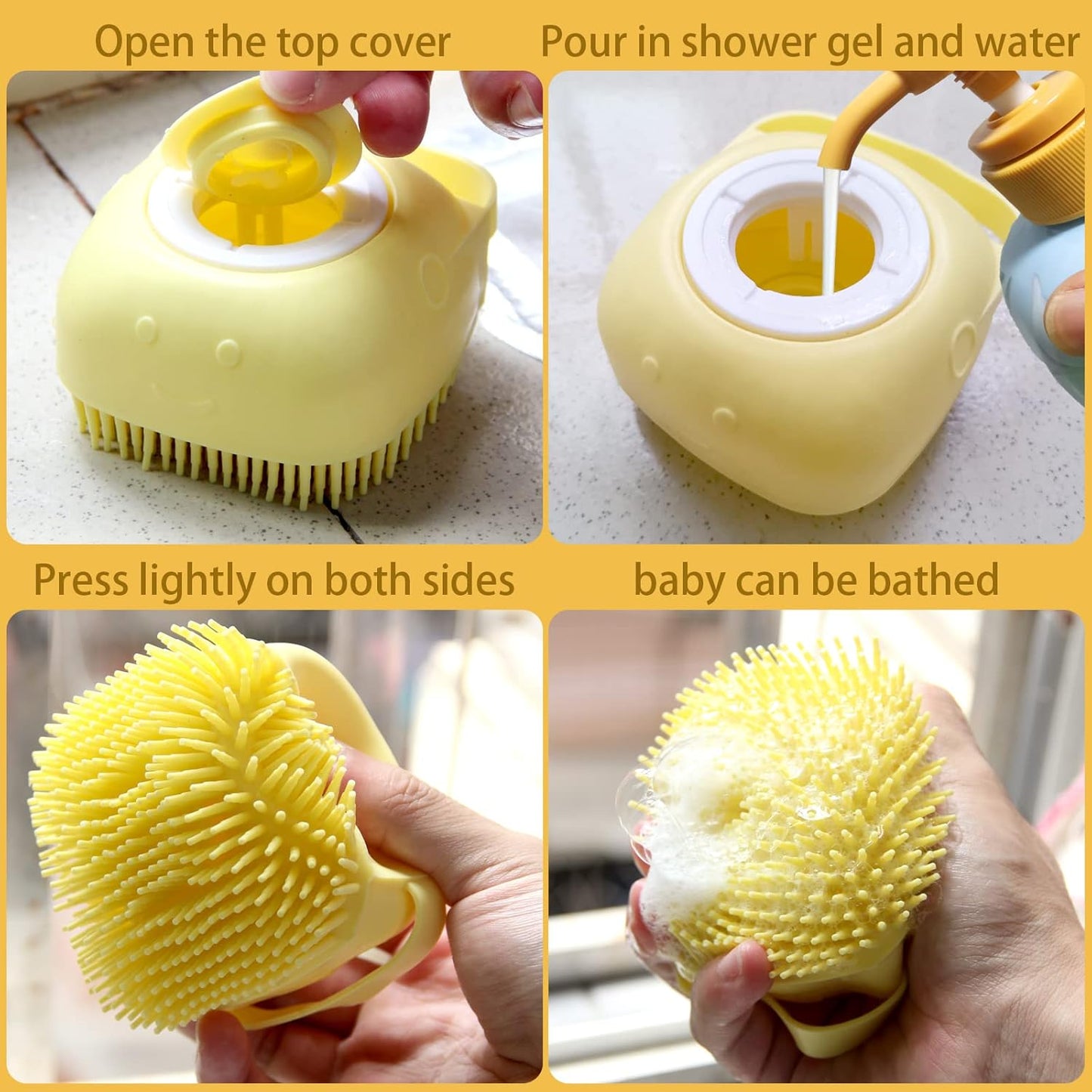 Pet Bath Brush Dog Baths Brush Shampoo Dispenser Soft Silicone Dog Bathing Brushes Dogs Shampoo Brushes Scrubbers for Cats and Dogs Shower Brush Grooming (Yellow)