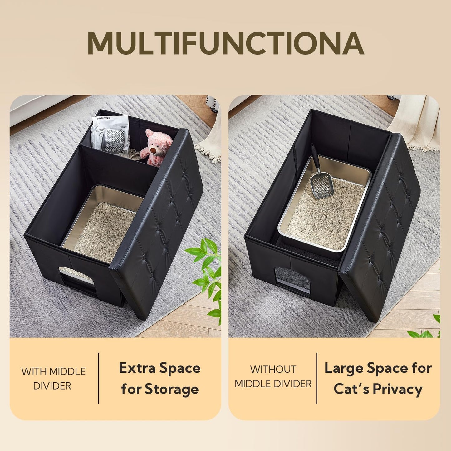 Cat Litter Box Enclosure Furniture Odor Control, Extra Large | XXL Hidden Cat Litter Box Bench Ottoman, Storage Cabinet Dog Proof, Waterproof Inside, Easy Clean, Easy Assembly, Black
