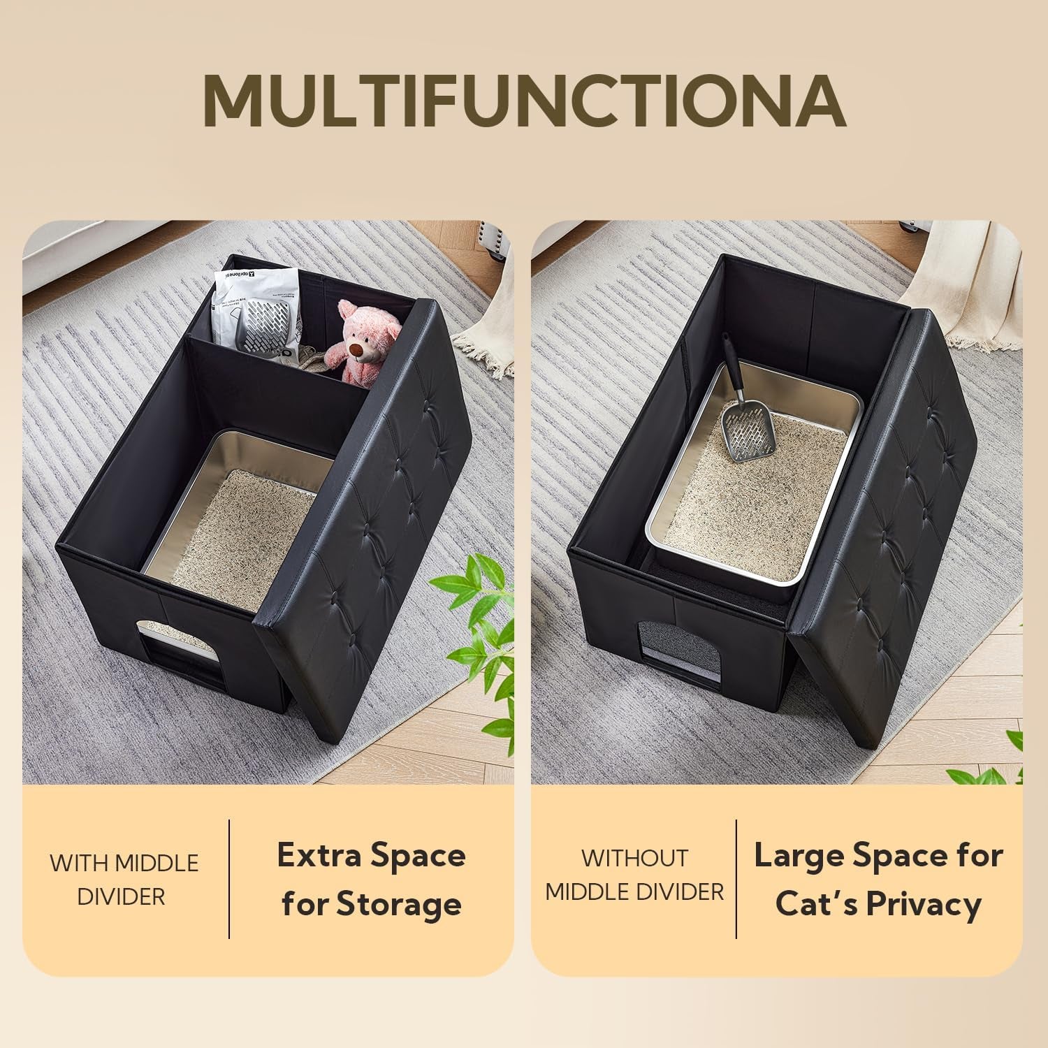 Cat Litter Box Enclosure Furniture Odor Control, Extra Large | XXL Hidden Cat Litter Box Bench Ottoman, Storage Cabinet Dog Proof, Waterproof Inside, Easy Clean, Easy Assembly, Black