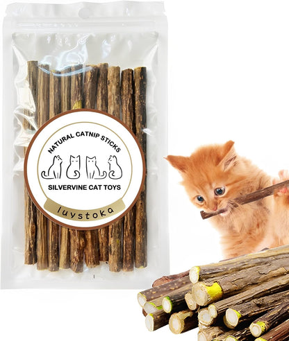 Silvervine Sticks for Cats 10PCS, Silvervine & Matatabi Catnip Toys, Indoor Kitty Chew Sticks & Wand Toys for Bored Cats