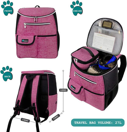 Dog Travel Backpack 27L Airline Approved Pet Supplies Bag, Pink | Cat Traveling Suitcase Organizer for Weekend Road Trip Camping; 2 Food Containers, 2 Collapsible Bowls & Poop Bag Dispenser