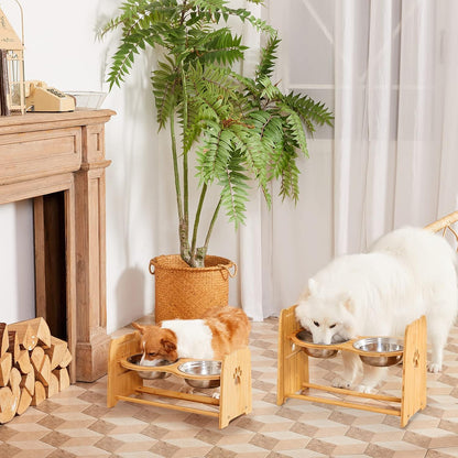 Elevated Dog Bowls for Cats and Dogs, Adjustable Bamboo Raised Dog Bowls for Large Dog, Food and Water Stand Feeder with 2 Stainless Steel Bowls anti Slip Feet (Height 5.1" to 7.5" to 10")…