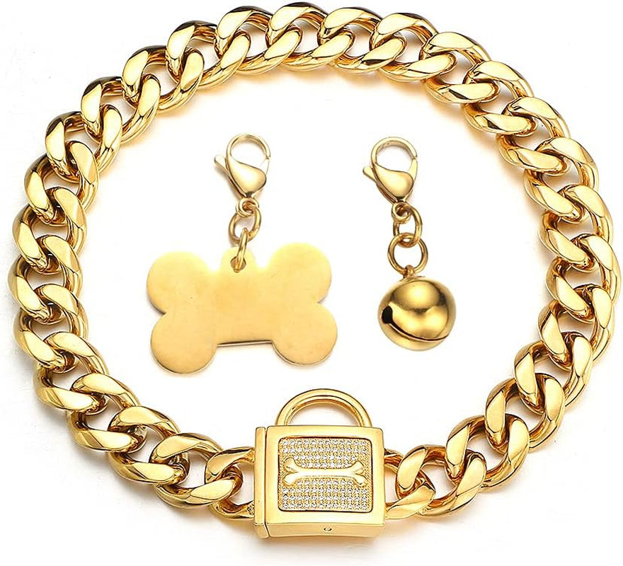 Gold Chain Dog Collar Walking Trainning Chain Collar with CZ Lock ID Tag and Bell Chew Proof 11MM/15MM/19MM Stainless Steel Cuban Link Chain for Small Medium Large Dogs (19Mm, 18Inch)
